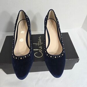 Cole Haan Justine Navy Blue Velvet Studded Pumps, Block Heel Size 8B